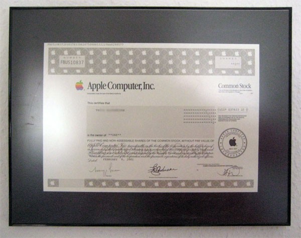 Apple Aktie auf Papier 2001